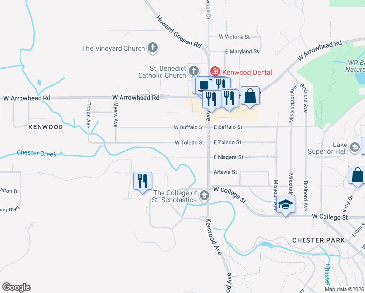 map of restaurants, bars, coffee shops, grocery stores, and more near 101 West Toledo Street in Duluth