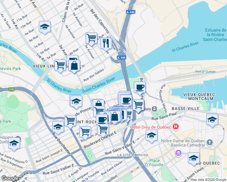 map of restaurants, bars, coffee shops, grocery stores, and more near 226 Rue du Martin Pêcheur in Ville de Québec