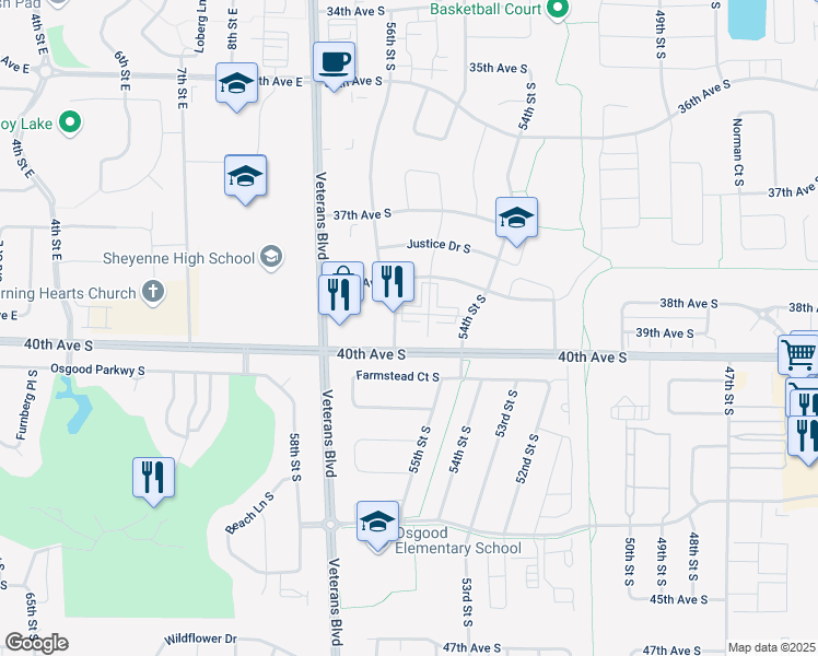 map of restaurants, bars, coffee shops, grocery stores, and more near 3900 56th Street South in Fargo