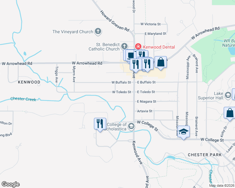 map of restaurants, bars, coffee shops, grocery stores, and more near 101 West Toledo Street in Duluth