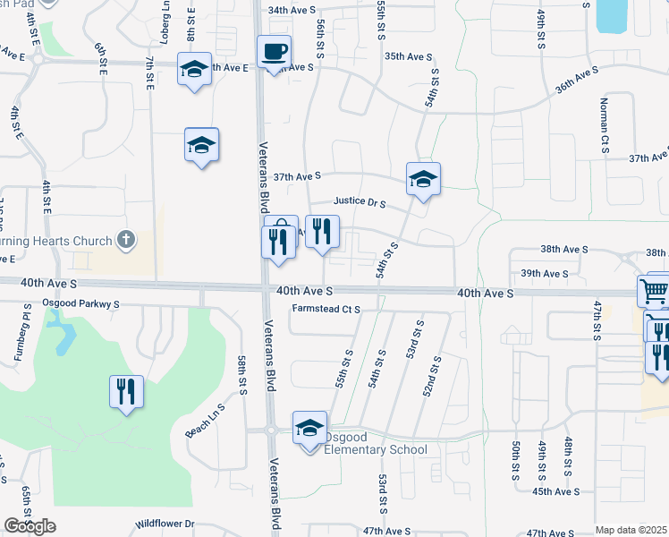 map of restaurants, bars, coffee shops, grocery stores, and more near 5440 38th Avenue South in Fargo