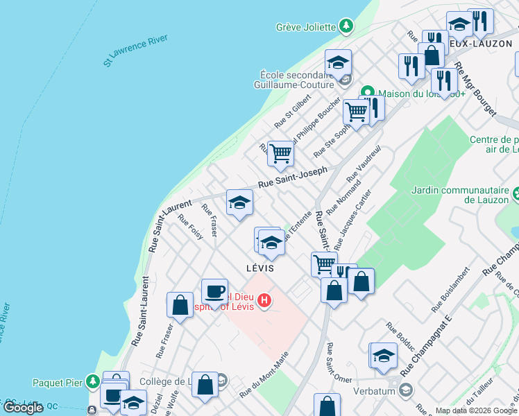 map of restaurants, bars, coffee shops, grocery stores, and more near 11 Rue de Bienville in Lévis