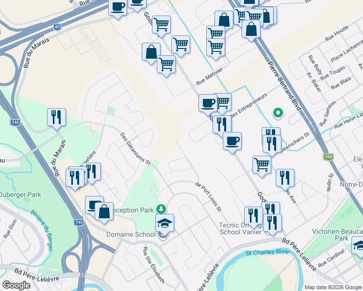 map of restaurants, bars, coffee shops, grocery stores, and more near 3048 Rue des Amarantes in Québec