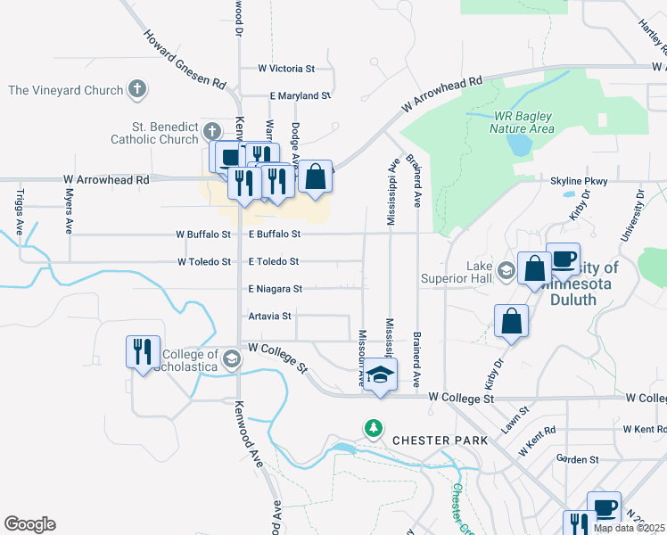 map of restaurants, bars, coffee shops, grocery stores, and more near 134 East Toledo Street in Duluth