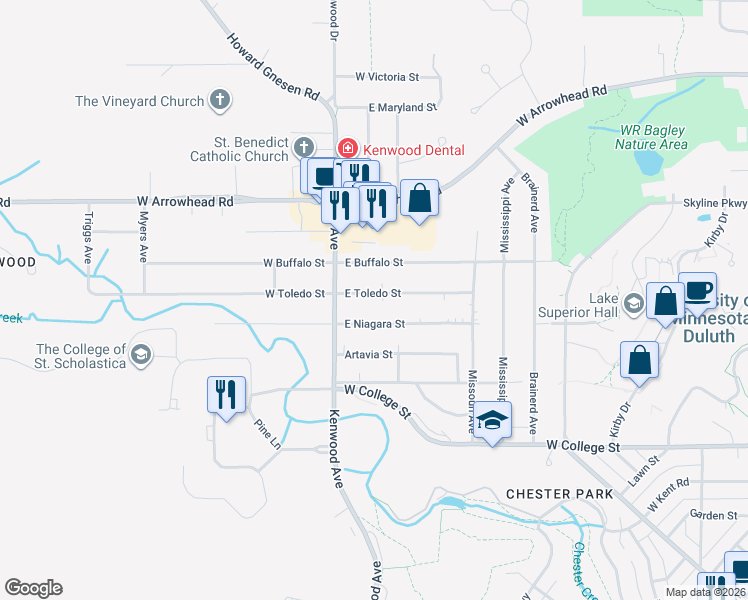 map of restaurants, bars, coffee shops, grocery stores, and more near 35 East Toledo Street in Duluth