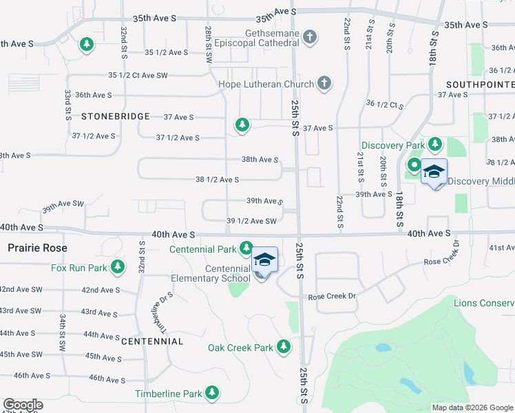 map of restaurants, bars, coffee shops, grocery stores, and more near 2617 39th Avenue South in Fargo