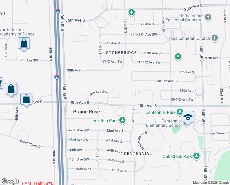 map of restaurants, bars, coffee shops, grocery stores, and more near 3210 39th Avenue South in Fargo