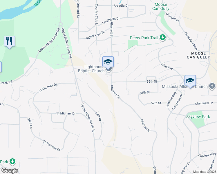 map of restaurants, bars, coffee shops, grocery stores, and more near 5603 Gharrett Street in Missoula