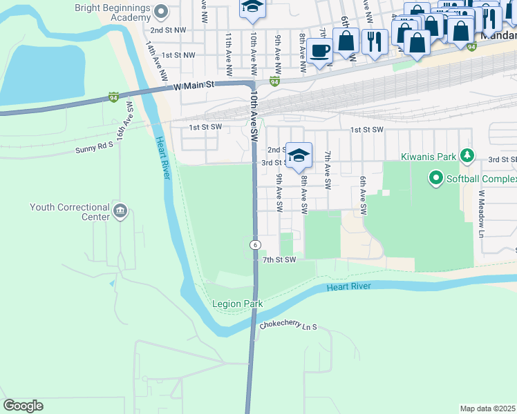map of restaurants, bars, coffee shops, grocery stores, and more near 510 10th Avenue Southwest in Mandan