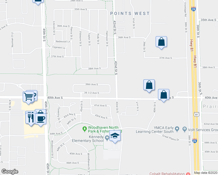 map of restaurants, bars, coffee shops, grocery stores, and more near 4236 39th Avenue South in Fargo