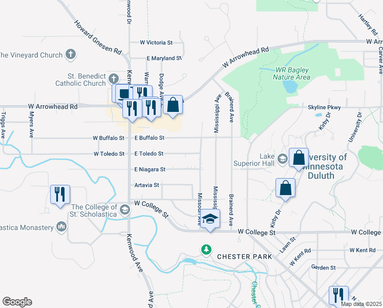 map of restaurants, bars, coffee shops, grocery stores, and more near 145 East Toledo Street in Duluth