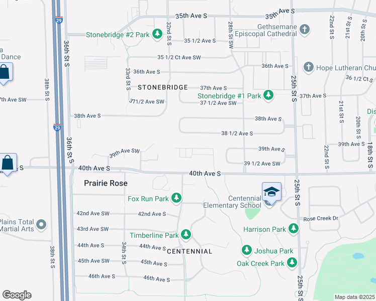 map of restaurants, bars, coffee shops, grocery stores, and more near 2905 40th Avenue South in Fargo