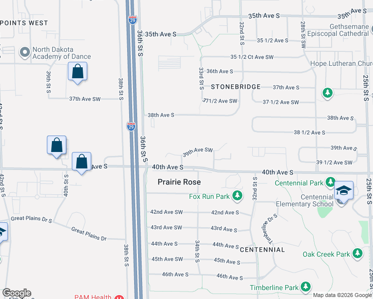 map of restaurants, bars, coffee shops, grocery stores, and more near 3401 39th Avenue South in Fargo