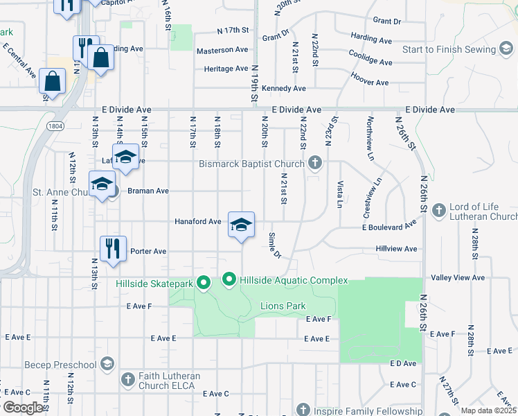 map of restaurants, bars, coffee shops, grocery stores, and more near 1312 North 20th Street in Bismarck