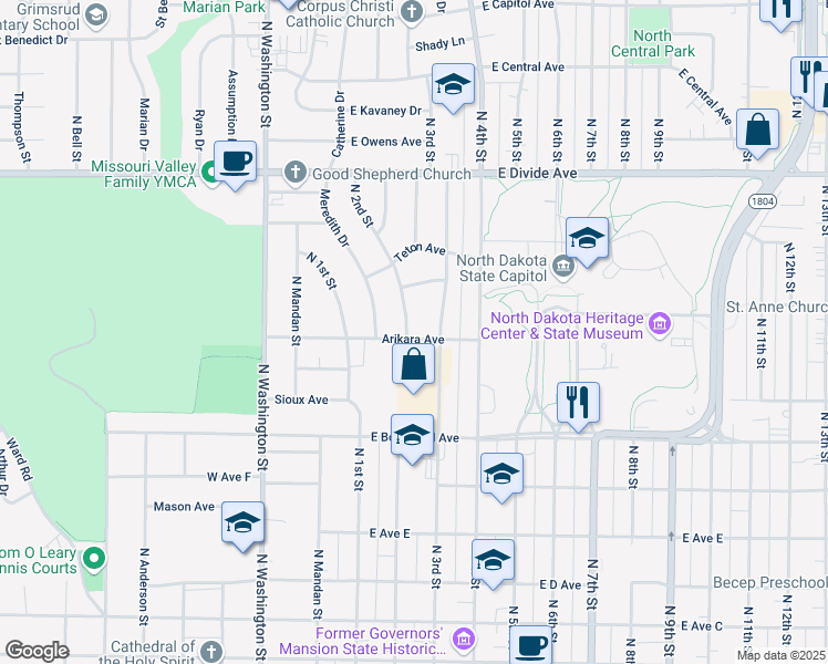 map of restaurants, bars, coffee shops, grocery stores, and more near 210 East Arikara Avenue in Bismarck
