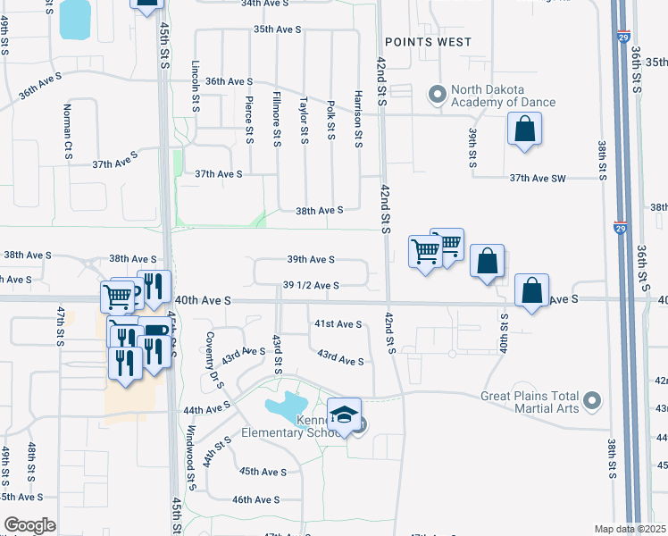 map of restaurants, bars, coffee shops, grocery stores, and more near 4256 39th Avenue South in Fargo