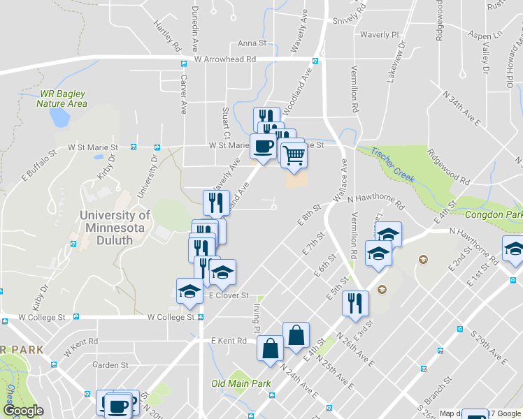map of restaurants, bars, coffee shops, grocery stores, and more near 106 Elizabeth Street in Duluth