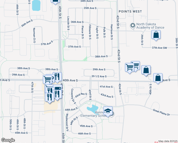 map of restaurants, bars, coffee shops, grocery stores, and more near 4314 39th Avenue South in Fargo