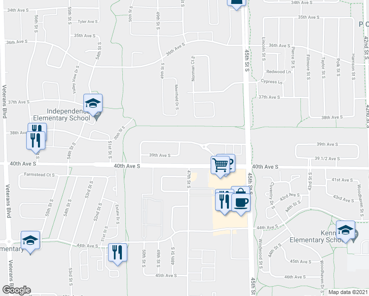 map of restaurants, bars, coffee shops, grocery stores, and more near 3834 48th St S in Fargo