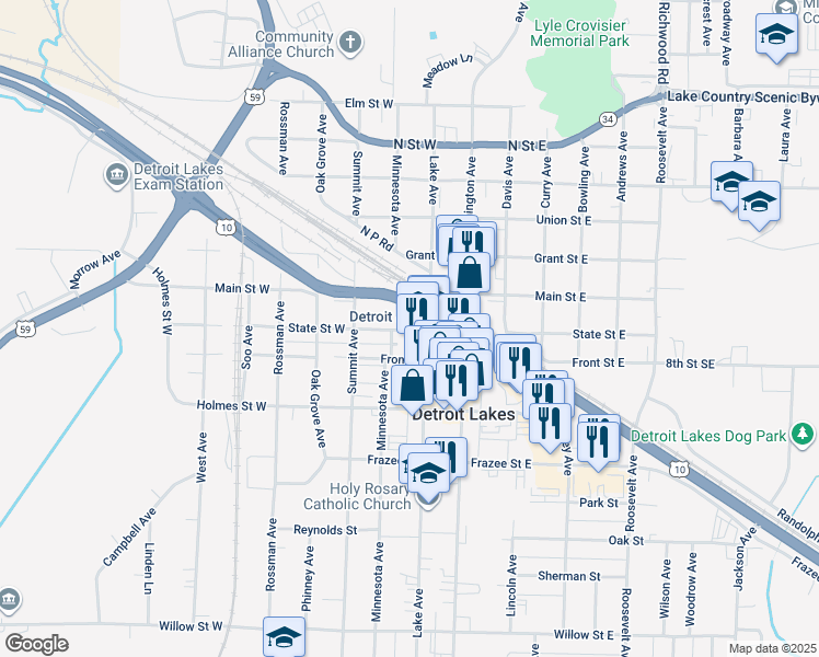 map of restaurants, bars, coffee shops, grocery stores, and more near in Detroit Lakes