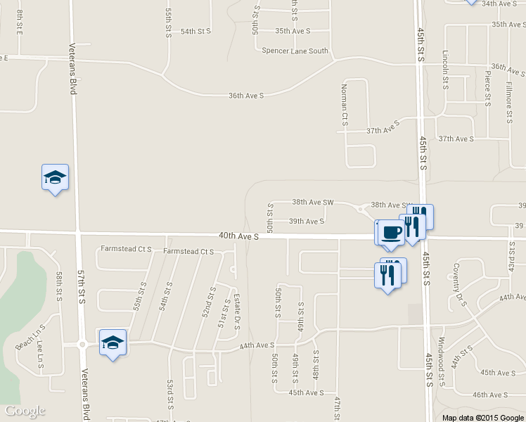 map of restaurants, bars, coffee shops, grocery stores, and more near 3851 50th Street South in Fargo