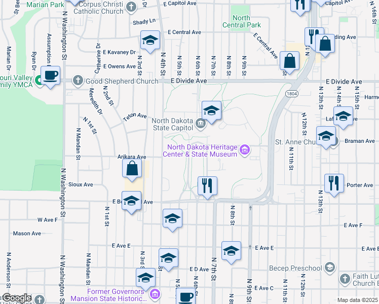 map of restaurants, bars, coffee shops, grocery stores, and more near 600 E Boulevard Ave in Bismarck