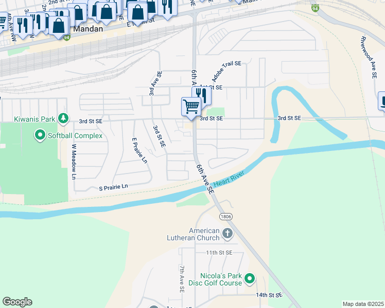 map of restaurants, bars, coffee shops, grocery stores, and more near 501-599 6th Street Southeast in Mandan