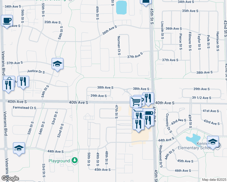 map of restaurants, bars, coffee shops, grocery stores, and more near 3834 48th Street South in Fargo