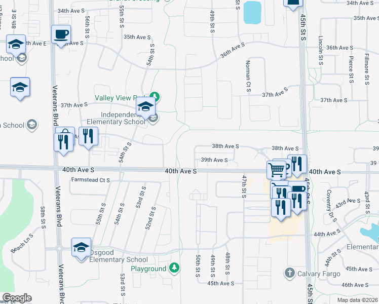 map of restaurants, bars, coffee shops, grocery stores, and more near 3851 50th Street South in Fargo