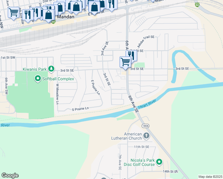 map of restaurants, bars, coffee shops, grocery stores, and more near 401 6th Street Southeast in Mandan