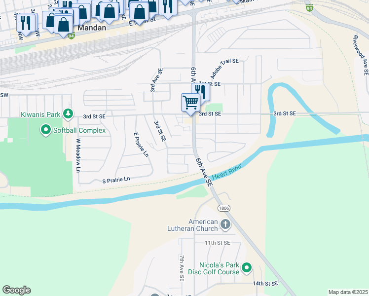 map of restaurants, bars, coffee shops, grocery stores, and more near 501 6th Street Southeast in Mandan