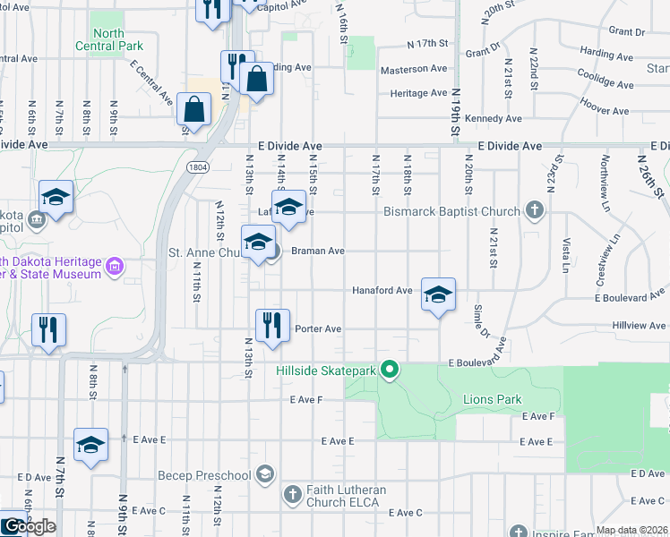 map of restaurants, bars, coffee shops, grocery stores, and more near 1318 N 16th St in Bismarck