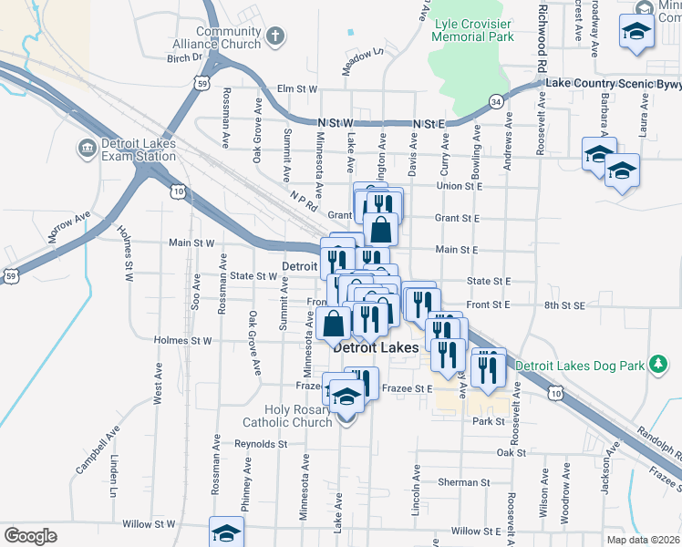 map of restaurants, bars, coffee shops, grocery stores, and more near 186 Graystone Plaza in Detroit Lakes