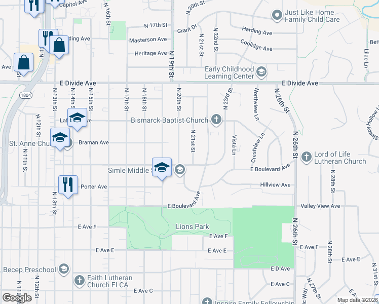 map of restaurants, bars, coffee shops, grocery stores, and more near 1318 North 21st Street in Bismarck