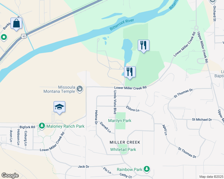 map of restaurants, bars, coffee shops, grocery stores, and more near 4900 Lower Miller Creek Road in Missoula