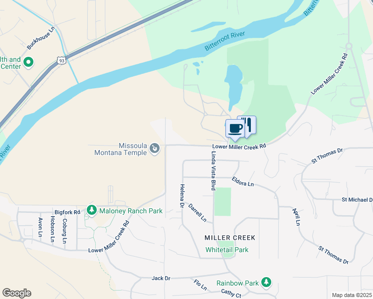 map of restaurants, bars, coffee shops, grocery stores, and more near 3413 Miller Creek Rd in Missoula