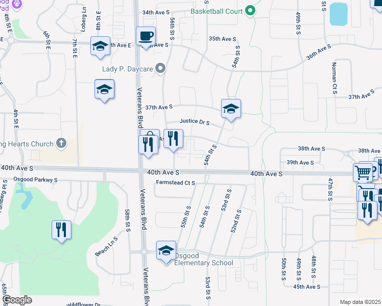 map of restaurants, bars, coffee shops, grocery stores, and more near 5440 38th Avenue South in Fargo