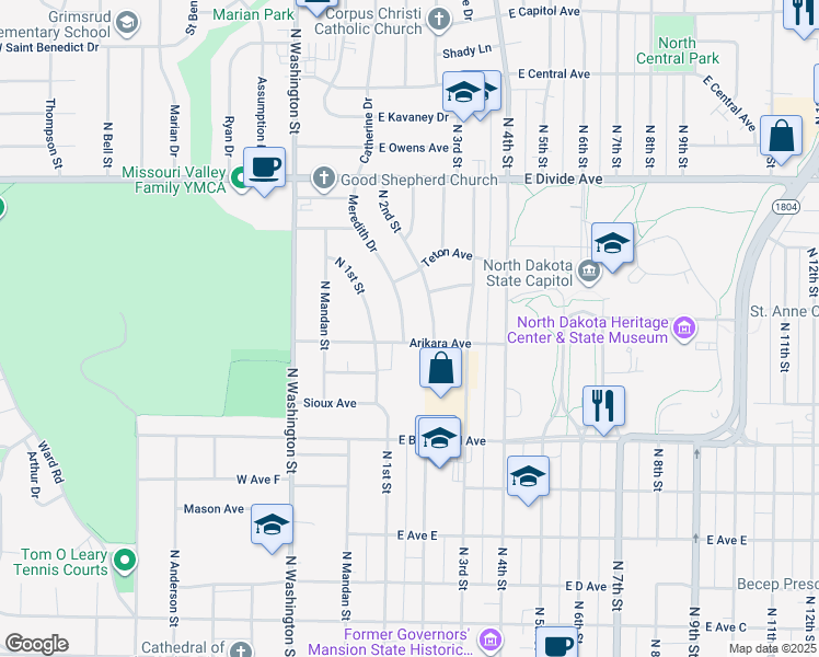map of restaurants, bars, coffee shops, grocery stores, and more near 1203 Meredith Drive in Bismarck