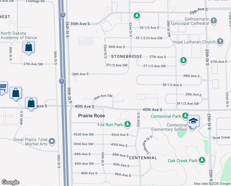map of restaurants, bars, coffee shops, grocery stores, and more near 3233 39th Avenue South in Fargo