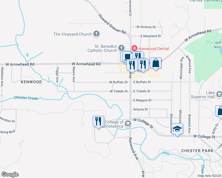 map of restaurants, bars, coffee shops, grocery stores, and more near 101 West Toledo Street in Duluth