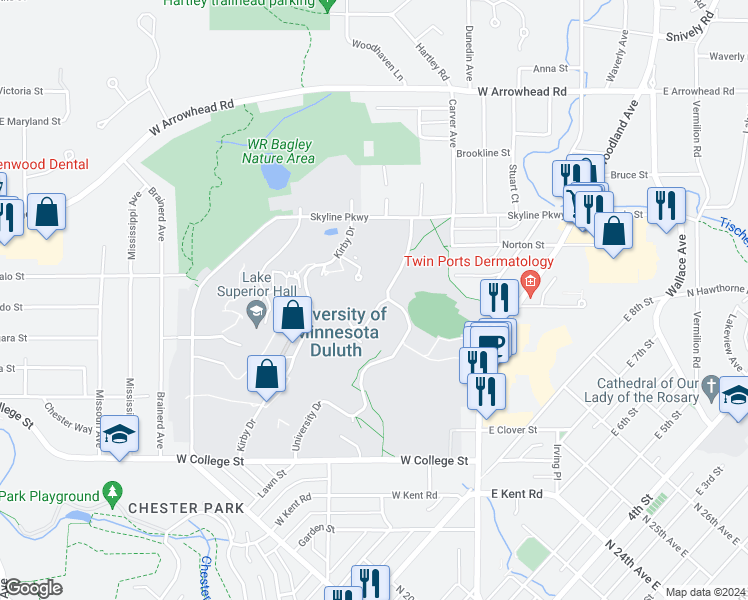 map of restaurants, bars, coffee shops, grocery stores, and more near 1305 Ordean Court in Duluth