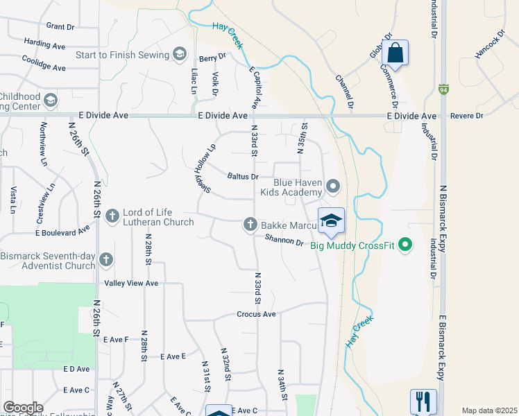 map of restaurants, bars, coffee shops, grocery stores, and more near 1309 North 33rd Street in Bismarck