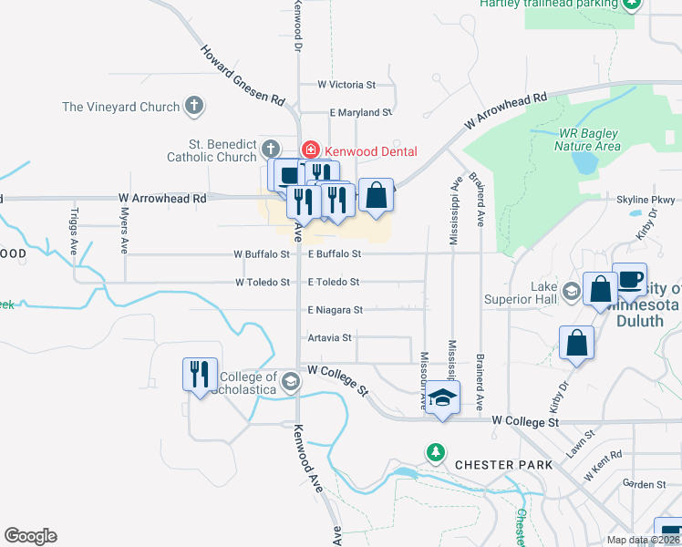 map of restaurants, bars, coffee shops, grocery stores, and more near 35 East Toledo Street in Duluth