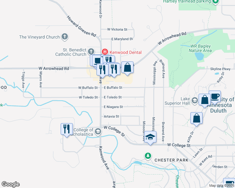 map of restaurants, bars, coffee shops, grocery stores, and more near 35 East Toledo Street in Duluth