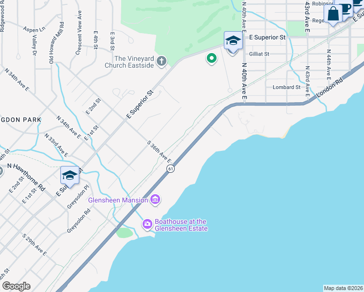 map of restaurants, bars, coffee shops, grocery stores, and more near 3625 London Road in Duluth