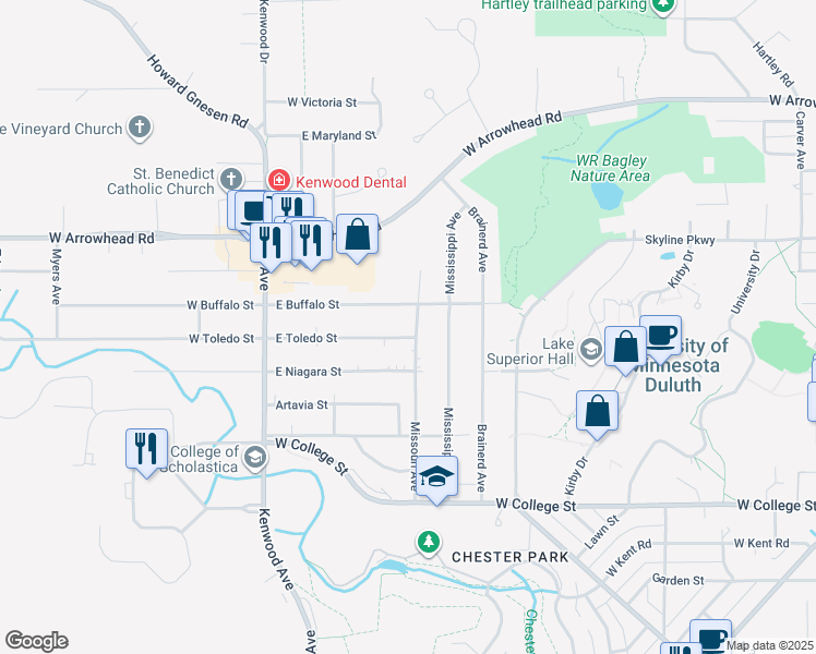 map of restaurants, bars, coffee shops, grocery stores, and more near 145 East Toledo Street in Duluth
