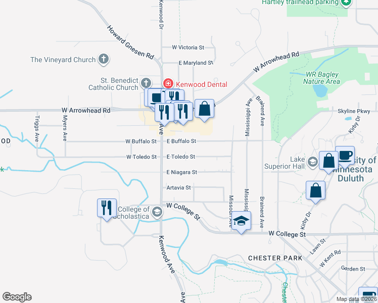 map of restaurants, bars, coffee shops, grocery stores, and more near 35 East Toledo Street in Duluth