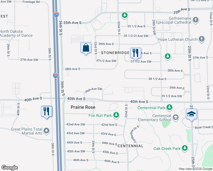 map of restaurants, bars, coffee shops, grocery stores, and more near 3233 39th Avenue South in Fargo