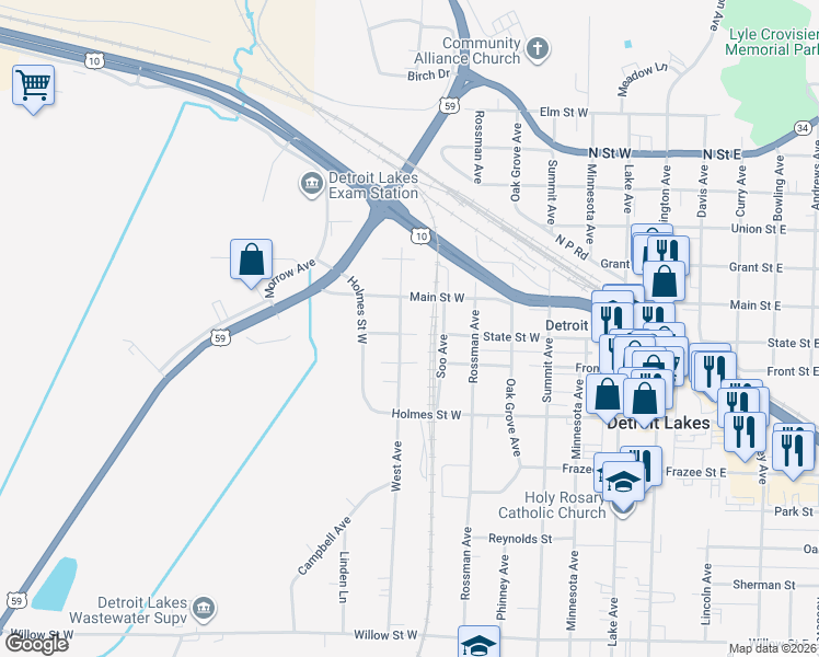 map of restaurants, bars, coffee shops, grocery stores, and more near 623 West Avenue in Detroit Lakes