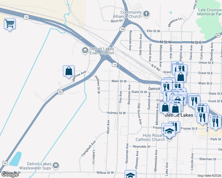 map of restaurants, bars, coffee shops, grocery stores, and more near 623 West Avenue in Detroit Lakes